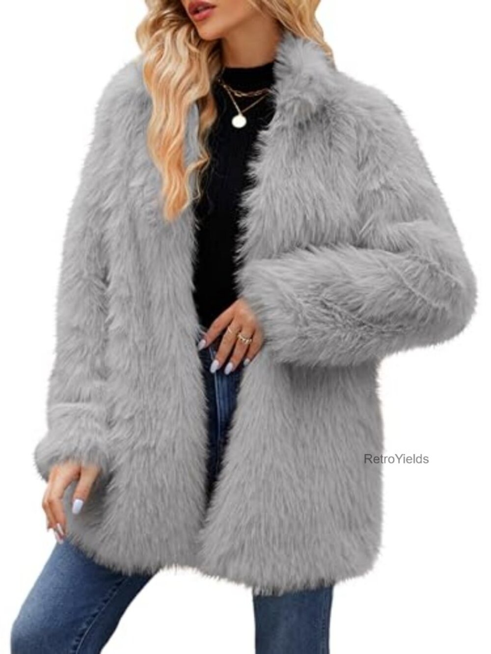 Faux Fur Coat Furry Winter Jacket Long Sleeve Warm Open Front Fluffy Jacket